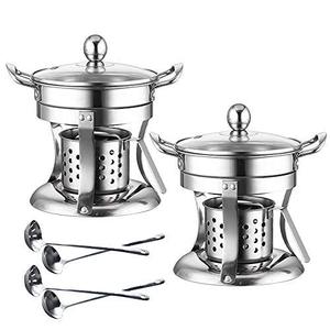 lot 5320 image: Shabu hot pot Stainless Steel Chafing Dishes hotpot single Mini cooking pot Cookware Non-Magnetic Burner with 2 spoons