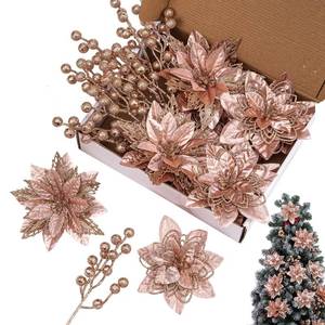 lot 5322 image: Christmas Poinsettia Flowers Christmas Tree Ornaments,Artificial Christmas Flowers and Artificial Berry Picks for Xmas Holiday Wedding Decor, Rose Gold