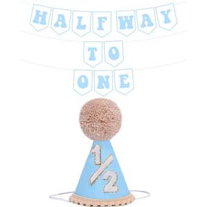 lot 5333 image: Blue Half Birthday Decorations for Boys, 6 Months Birthday Decorations With 12 Boy Hat And Pre-strung Half Way To One Banner For 12 Birth-day Boy Decor