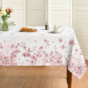 lot 5373 image: Horaldaily Spring Tablecloth 60x84 Inch Rectangular, Pink Cherry Blossoms Washable Seasonal Table Cover for Party Picnic Dinner Decor