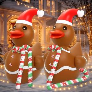 lot 5429 image: Lenwen 2 Set 4ft Christmas Inflatable Duck Outdoor Decoration, Blow up Rubber Duck with Giant Candy Cane Inflatable Pool Float Golf Cart Decor for Xmas Holiday Yard Lawn Party Favor (Gingerbread)