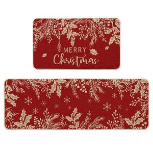lot 5440 image: Artoid Mode Holly Pine Branches Leaves Merry Christmas Kitchen Mats Set of 2, Winter Decor Low-Profile Kitchen Rugs for Floor - 17x29 and 17x47 Inch