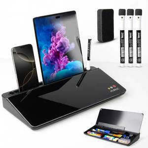 lot 5442 image: HURUC Small Glass Desktop Whiteboard with Storage,15.3x7.08x2.16 inch Desktop Dry Erase Board with Markers & Duster, Desk White Board Buddy Organizer for Home, Office, School (Black)