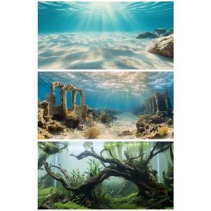 lot 5451 image: COMSUN 3 Pack Aquarium Background, 36x18 inches Polyester Aquarium Background, Cloth Fish Tank Background, Undersea Ruins Floor Sunshines & Tree Wood Branches Aquatic Plants