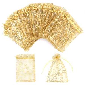 lot 5455 image: Staruby Organza Gift Bags 100Pcs Gold Sheer Organza Bag 4x6 Inch Mesh Favor Bags Drawstring Jewelry Rattan Printed Gift Pouches for Wedding Party Favors Couple Shower Christmas Gifts Candy Bags