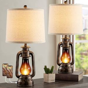 lot 5470 image: Farmhouse Rustic Table Lamps for Bedroom Set of 2, Vintage Lantern Lamp with Dual USB Charging Ports,25 Retro Antique Bedside Nightstand Desk Lamp for Living Room End Table Entryway