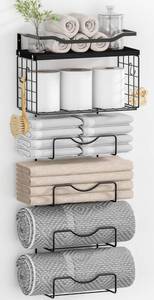 lot 5508 image: Towel Racks for Bathroom,Towel Rack Wall Mounted, 6 Tier Rolled Or Folded Towel Holder with Floating Shelves, Bathroom Towel Holder for Bath, Hand Towels,Metal and Wood,Full Black