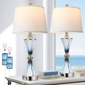 Set of 2 Blue Glass Table Lamps for Bedrooms with 2 USB ports 3-Way Dimmable Touch Coastal Bedside Lamps for Contemporary Style Modern Nightstand Lamps with 2 LED Bulbs for Home Lighting Decoration