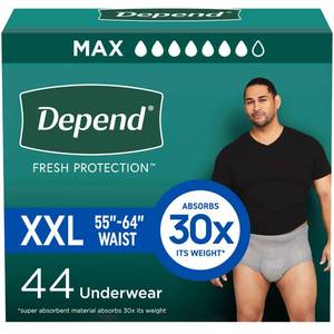 lot 5521 image: Depend Fresh Protection Adult Diapers, Incontinence Underwear for Men, Disposable, Maximum, Extra-Extra-Large, Grey, 44 Count (2 Packs of 22), Packaging May Vary