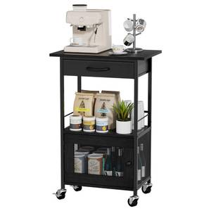 lot 5526 image: SWTYMIKI Buffets Coffee Bar Cabinet - Rolling Kitchen Rack, Farmhouse Small Coffee Stand with Storage Drawer and Door Cabinet - Kitchen Microwave Stand for Apartment, Living Room, Entryway, Black