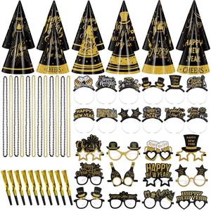 lot 5570 image: Gemscream 120 Pcs New Years Eve Party Supplies 2026 for 24 Guests 2026 Glasses Happy New Year Headband Paper Cone Hats Noise Makers Bead Necklace Party Favor Supplies(Black Gold,Cute Style)