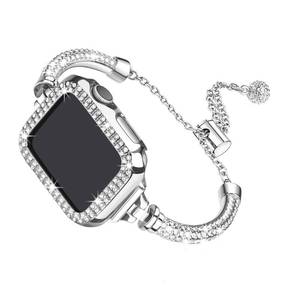 lot 5579 image: Secbolt Bling Bands Compatible with Apple Watch Band 38mm with Case, Women Dressy Metal Bracelet with Rhinestone Bumper for iWatch Series 321, Silver
