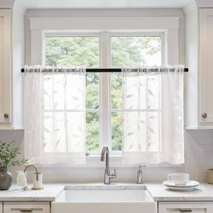 lot 5583 image: MIULEE White Sheer Kitchen Curtains 30x36 Inches Length 2 Panels Embroidered Leaf Patterned Rod Pocket Floral Semi Sheer Faux Linen Short Window Curtains Drapes Set for Bathroom Cafe