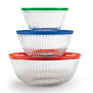 lot 5597 image: Pyrex Sculpted (3-Pack) Glass Mixing Bowls Set With Plastic Lids For Prepping, Baking and Cooking, Preheated Oven, Dishwasher, Freezer, and Microwave Safe