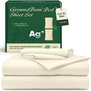 lot 5603 image: GroundBam Silver Infused Bed Sheets Set, Temperature-Regulating Fabric with Self-Cleaning Technology for 3X Freshness Sleep, Genuine 100% Organic Viscose Derived from Bamboo (OffWhite, Full XL)