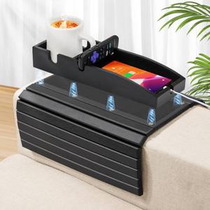 lot 5621 image: Joy&Grace Couch Cup Holder, 3-in-1 Magnetic Detachable Couch Arm Tray, Bamboo Sofa Armrest Table with Anti-Slip Pad, Sofa Armrest Tray Table (Black)