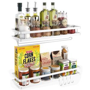 lot 5624 image: Spice Rack Organizer Wall Mount - 15.7in 2Pack Upgraded Version Hanging Seasoning Organizer Shelf with Paper Towel Holder, Storage for Cabinet or Wall Mounted with 4 Strong Hooks (Rice white)