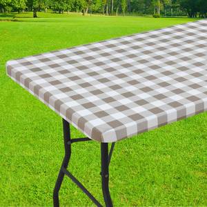 lot 5643 image: Smiry Rectangle Picnic Table Cloth, Elastic Waterproof Fitted Vinyl Tablecloths, Flannel Backed Buffalo Plaid Table Covers for Dining, Camping, Outdoor (White and Khaki, 24 x 48)