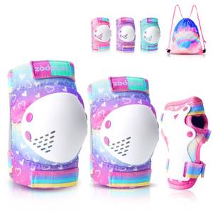 lot 5653 image: Knee Pads for Kids - ZOOBLISS Toddler Knee and Elbow Pads Set Wrist Guards for Skating Girls Aged 3-12, Kids Protective Gear for Roller Skates Skateboard Bike Scooter, Included Drawstring Bag(Rainbow)