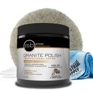 lot 5659 image: MB Stone Care Granite Polishing Compound 8.5 oz - Norton Ultra Grizzly Pad 7-34 Inch - 16 x 16 Microfiber Cloth - Gloves - Bundle - 4 Items