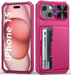 lot 5664 image: BXYJY for iPhone 15, iPhone 14, iPhone 13 Wallet Case with Card Holder(4-5 Cards), Slide Camera Cover, Military Grade Drop Protection, Heavy Duty Girly Men Phone Case for iPhone 151413, Hot Pink