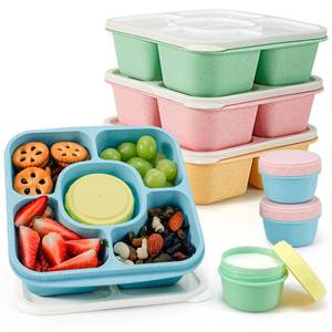 lot 5744 image: Caperci Original Lunchable Snack Containers for Kids & Adults - 5 Compartments Bento Snack Boxes with 4 Leakproof Small Containers, Wheat Straw, BPA-Free, Set of 4 (Vintage Colors)