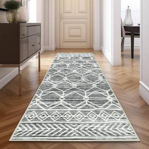lot 5774 image: jinchan Moroccan Runner Rug 3x7 - Kitchen Machine Washable Runner Rug Modern Geometric Low-Pile Lightweight Non-Slip Carpet for Entryway Hallway Laundry Room Bedroom Bedside (3x7ft, Grey)