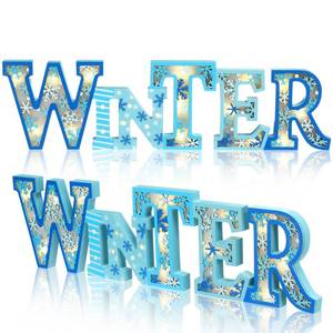 lot 5799 image: Geetery Blue Winter LED Wooden Sign Blue Snowflake Decorations Rustic Wooden Words Sign Tabletop Centerpiece Decor for Winter Christmas Table Home Office Party