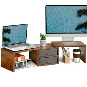 lot 5804 image: TEAMIX Dual Monitor Stand Riser with 2 Drawers - Length and Angle Adjustable 3 Shelf Monitor Riser with Storage Desk Organizer Large Monitor Stand for 2 MonitorsLaptopPC,ScreenTV Stand Riser