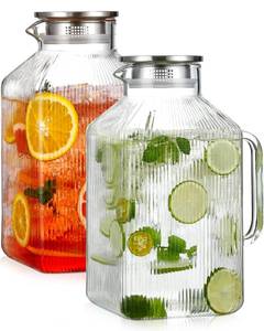 lot 5833 image: 2 Pack 1 Gallon thickened Square Glass Pitcher with Lid, Classic Stripes Water Pitchers for Fridge, Borosilicate Glass Carafe for HotCold Brew Drink, Extra Large Jug with Handle for Iced Tea, Coffee