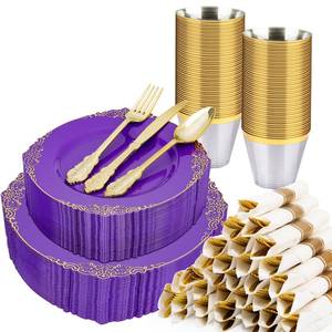 lot 5840 image: Realluck 350 PCS Purple and Gold Plastic Plates, Plastic Dinnerware Set for 50 Guests, 100 Disposable Plates, 150 Silverwares, 50 Cups, 50 Napkins for Party, Wedding, Graduation