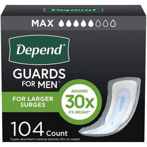 lot 5841 image: Depend Guards Incontinence Pads for Men, Maximum Absorbency, 104 Count (2 Packs of 52), Packaging May Vary