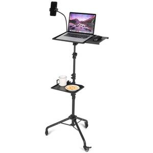 lot 5855 image: Garvee Projector Tripod Stand with Wheels, Laptop Tripod Projector Stand with 2 Shelves Mouse Tray Phone Holder, Adjustable Height 23 to 49 Inch Tripod, Portable Tripod Stand Office Home