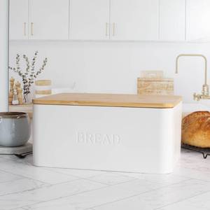 lot 5858 image: ZICOTO Beautiful Bread Box With Wooden Lid For Your Kitchen Countertop - Spacious Container Perfectly Stores Your Homemade Bread, English Muffins & Bagels - Quality Cutting Board Lid Keeps Loaf Fresh