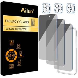 lot 5906 image: Ailun 3Pack Privacy Screen Protector for iPhone 15 Pro Max 6.7 inch3Pack Camera Lens Protector with Installation Frame,Dynamic Island Compatible,Anti Spy Tempered Glass9H Hardness-HD