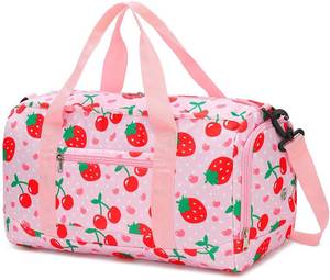 lot 5932 image: Duffle Bag for Girls Kids Overnight Bags Cute Strawberry Cherry Dance Sports Bag Travel Tote with Shoe Compartment and Wet Pocket