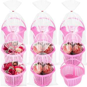 lot 5937 image: Acellegic 8 Pcs Valentines Heart Shaped Basket with Handle 8X7X4 Plastic Slotted Fruit Baskets Food Storage Containers with Gift Bags for Mothers Day Kitchen Party (Pink)