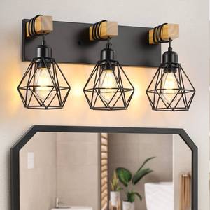 lot 5955 image: 3-Light Farmhouse Bathroom Vanity Light Fixtures, Wood Bathroom Light Fixtures Over Mirror, Rustic Sconces Wall Lighting with Elegant Metal Lampshade for Living Room, Bedroom, Hallway