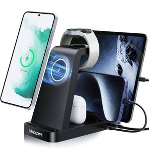 lot 5957 image: Samsung Charging Station, 5 in 1 Wireless Charger for Galaxy S25 UltraS24 UltraS23S22, Charger Stand for Samsung Galaxy Watch76543, Charging Dock Stand for Android Multiple Devices, Black