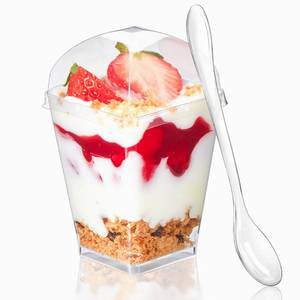 lot 6011 image: TOFLEN 13 Pack 5 oz Clear Square Dessert Cups with Dome Lids and Spoons, Perfect for Parties, Desserts, Appetizers, and More