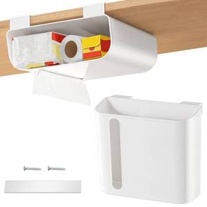 lot 6018 image: Poeland Multi-Purpose Over Cabinet Door Organizer, Under-Shelf Storage Organizer for Kitchen Wraps, Foils, and Paper Towel Dispenser (White)