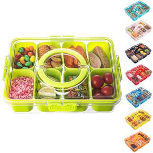 lot 6040 image: Dingerjar Divided Serving Tray with Lid and Handle - Snackle Box Charcuterie Container for Portable Snack Platters Organizer for Candy, Fruits, Nuts, Snacks - Perfect for Party, Entertaining, Green