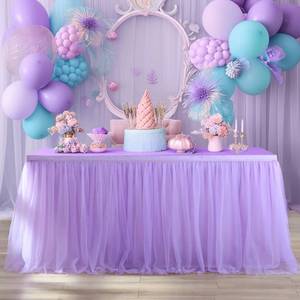lot 6066 image: 14ft Lavender Tulle Table Skirts for Rectangle Tables or Round Tables Lavender Ruffle Tutu Tablecloth for Girls Baby Shower Birthday Party Wedding Cake Dessert Table Decorations