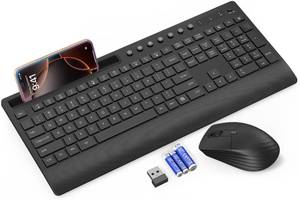 lot 6070 image: Trueque Wireless Keyboard and Mouse Combo - Full-Size Quiet Keyboard with Palm Rest, Phone Holder, Multimedia Keys, Power Switch, Compatible with Windows, Chrome OS, PC, Laptop