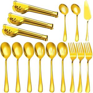 lot 6080 image: Serving Utensils, 15 Pcs Stainless Steel Large Flatware Serving Tools Kit, Included Spoons, Forks, Tongs, Slotted Spoon, Ladle, Cake Server for Kitchen Catering Banquet Wedding Buffet Party, Gold