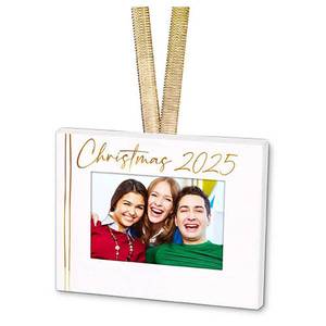 lot 6087 image: Elanze Designs 2025 Christmas Memory Ornament -White Wood with Gold Accents- Display Family Photos, Holiday Keepsake- Picture Frame Decoration for Tree, Holiday Gift