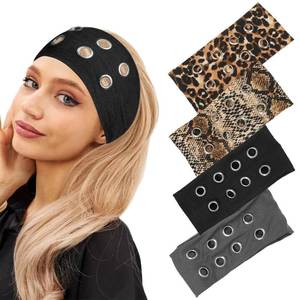 lot 6093 image: 2 Pack Y2K Punk Hollow Metal Headbands - Wide Hairband with Grommet Eyelet Design, Leopard Print Elastic Bands - Retro Fashion Accessories for Girls, Women, Festival, Street & Daily Wear(A)