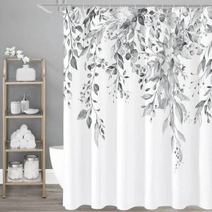 lot 6107 image: Gibelle Grey Eucalyptus Shower Curtain, Watercolor Plant Leaves with Floral Bathroom Shower Curtain Set, Gray White, 72x72