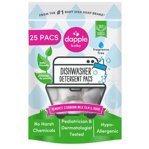 lot 6116 image: Dapple Baby Dishwasher Pacs, Hypoallergenic Dishwasher Pods Powered by Plants, Removes Milk Residue & Odor on Dishes, Baby Bottles & Kitchenware, Fragrance Free, 25 Count (Pack of 1) PACKS BROKEN