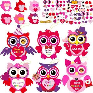 lot 6118 image: 24 PCS Valentines Day Craft Kits DIY Owl Craft for Valentines Heart Craft Make Your Own Owl Bulk Set for Home Game Activities
